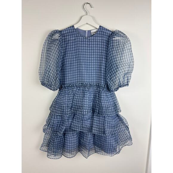 Ganni Check Organza Puff Sleeve Dress - Picture 1 of 8